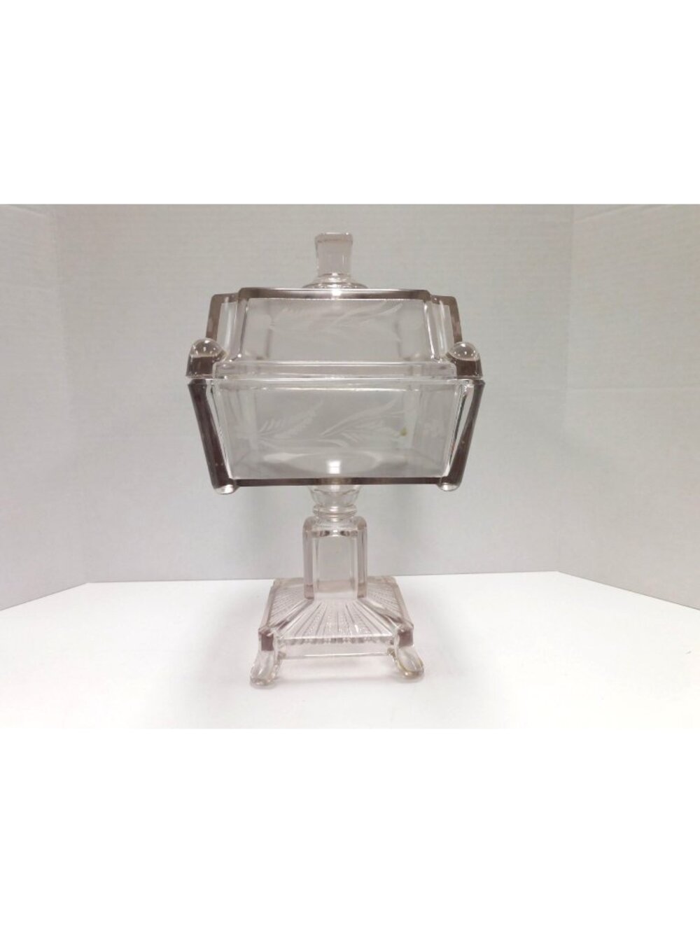 Antique Adams & CO Etched Square Glass Compote Dish